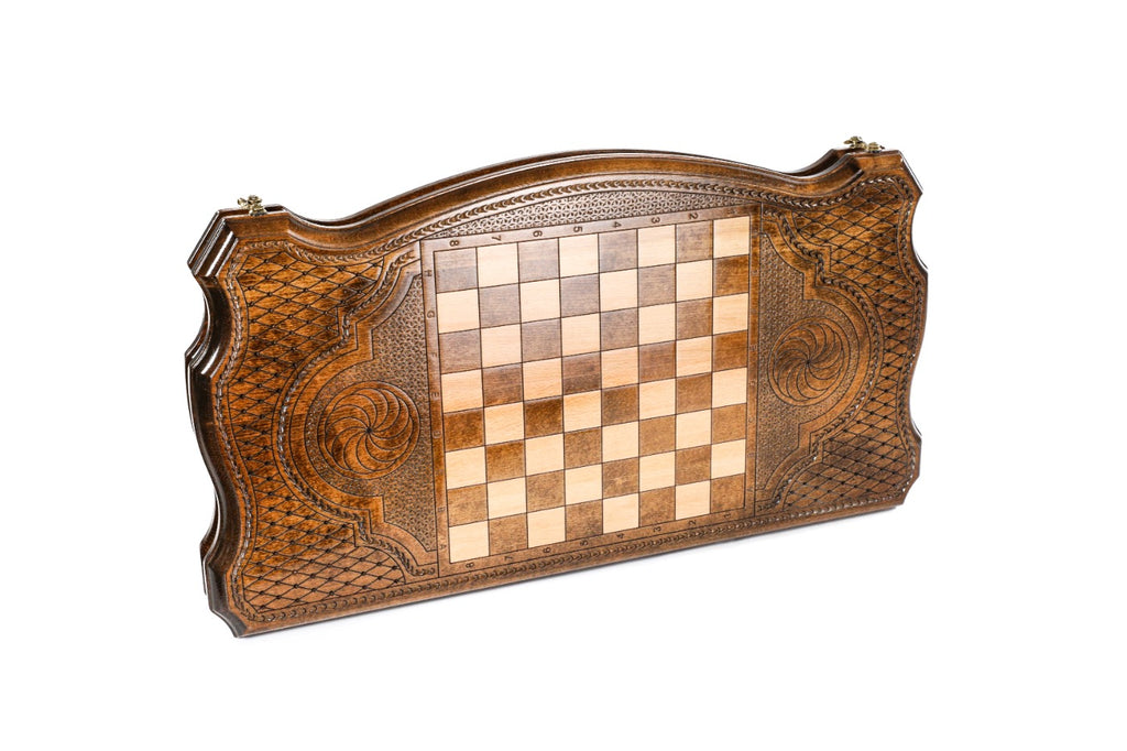 Back cover of the snowflake backgammon set: chequerboard in the lattice cartouche, contour edge