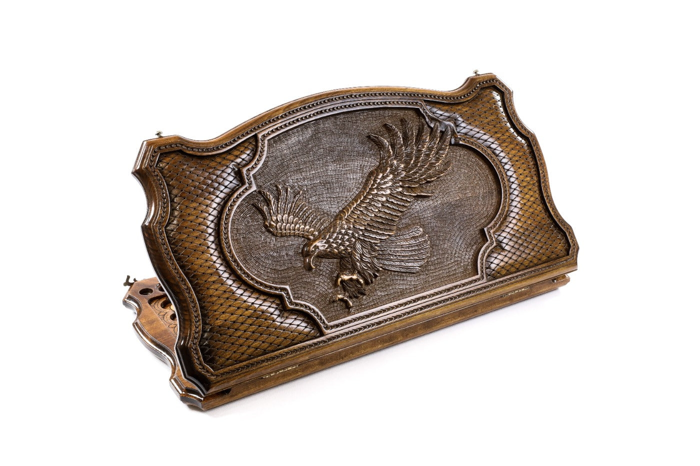 A frontal shot of the closed Eagle backgammon board featuring the wing relief within the copyrighted contour outline.