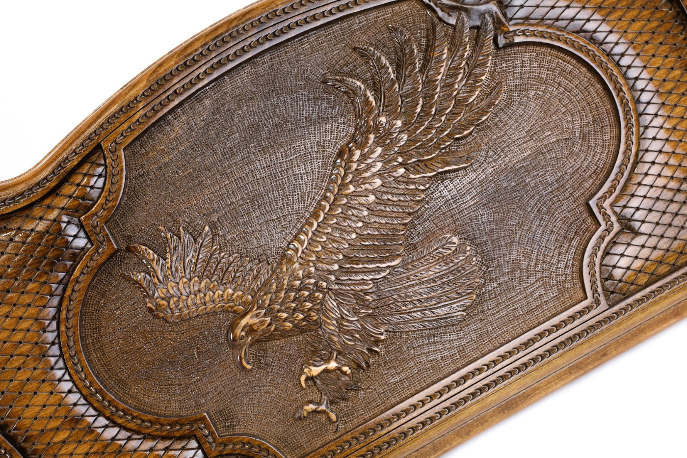 The interior view of the open Hrachya Ohanyan Eagle set highlighting the smooth wood finish and professional pips.