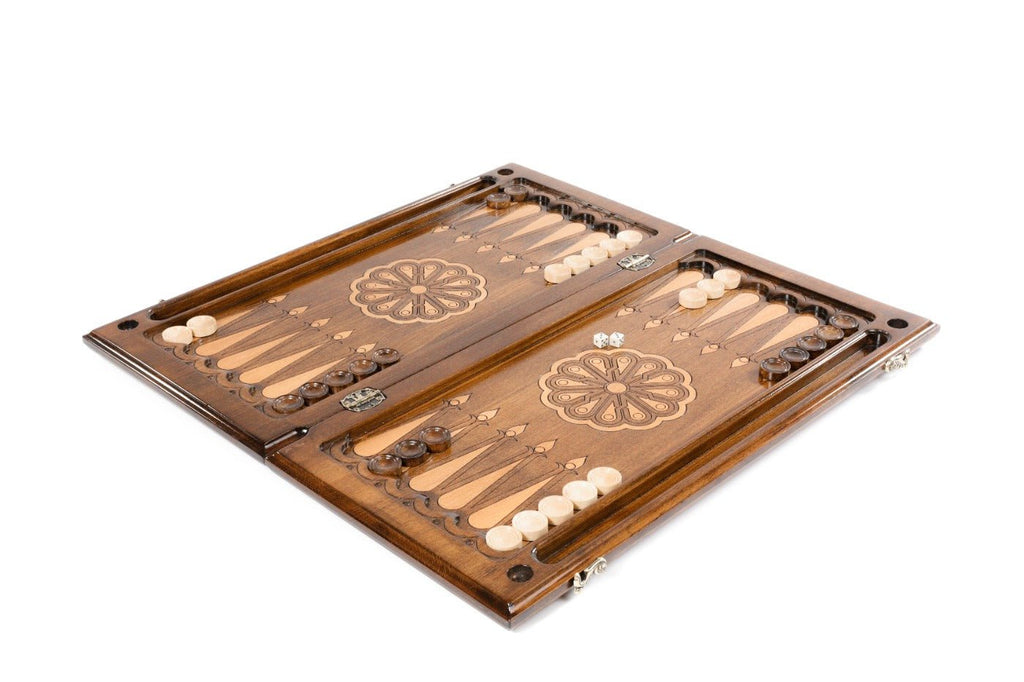 Large wooden backgammon board with symbolic coat of arms craftsmanship