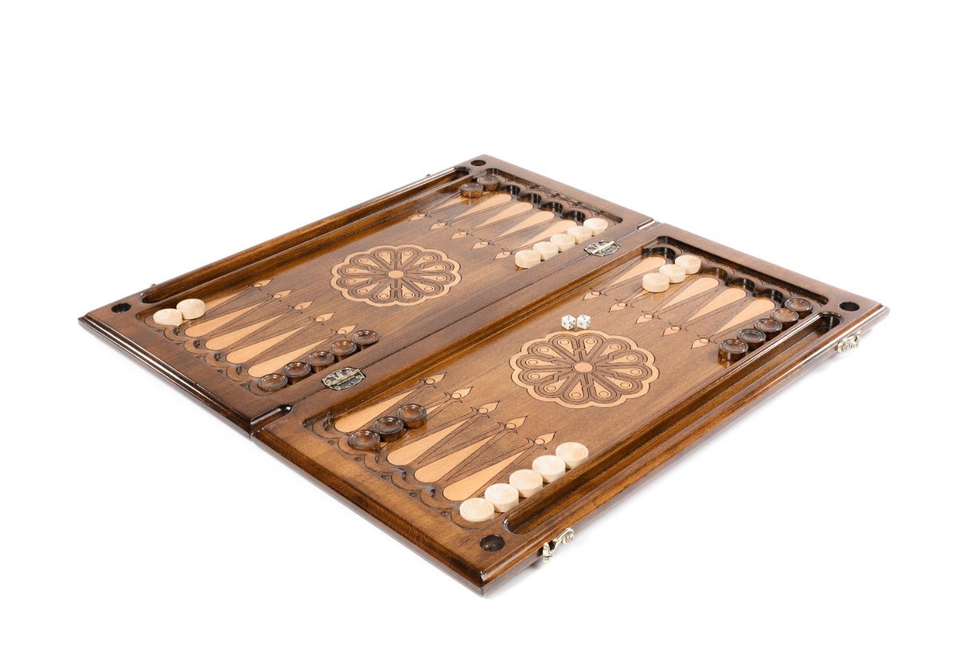 Large wooden backgammon board with symbolic coat of arms craftsmanship
