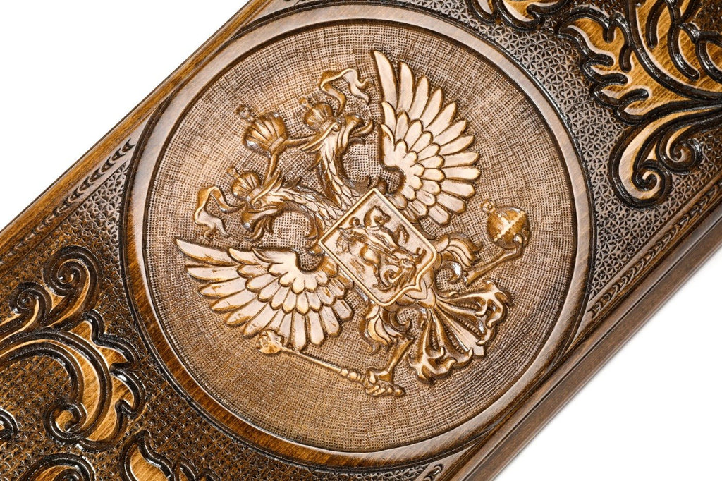 Handcrafted backgammon set with Russian emblem detailing