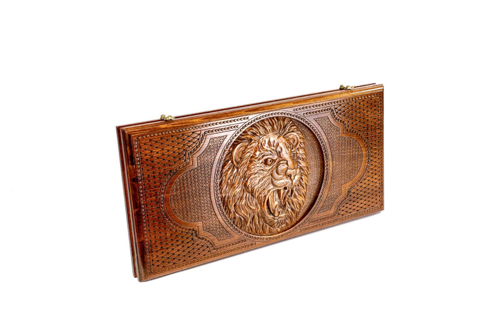 Luxury Lion Backgammon Set – Handcrafted Wooden Board with Lion Design - Unumperfectus