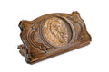 A frontal shot of the closed backgammon board featuring a powerful lion carving inside the copyrighted Mount Ararat outline.