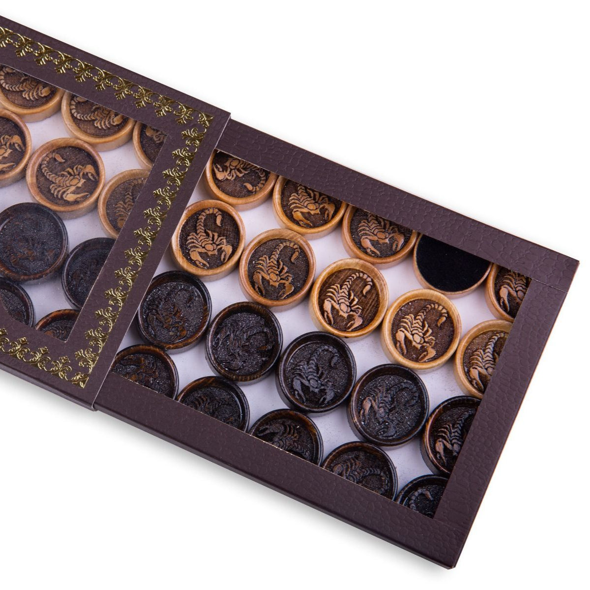 Wooden Backgammon Pieces with Engraved Scorpion Design - Unumperfectus