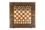 Top-down view of the carved braid chess set with all 32 pieces in starting position