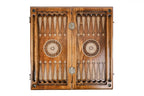 Backgammon field of the combo set laid flat, carved pointed-arch points and central wheel ornaments