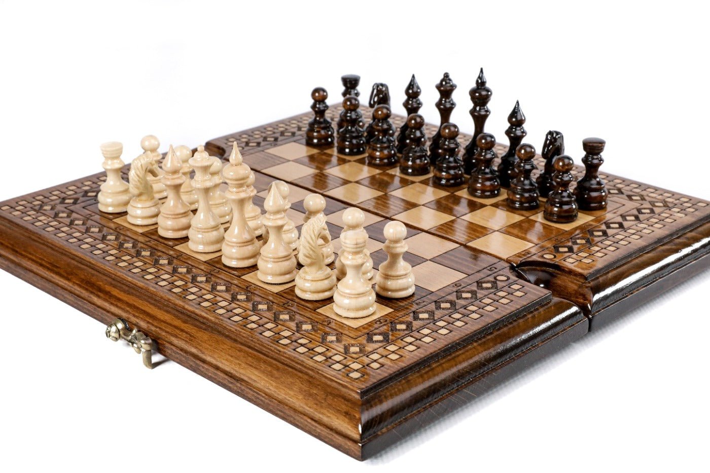 Handcrafted wooden chess set and wooden backgammon Armenian themed design