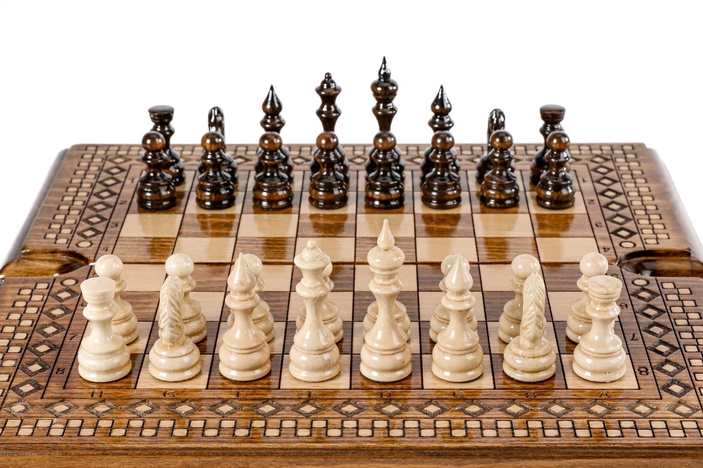 Wooden Carved Chess Set & Backgammon With Carpet Pattern 30 cm | 11.8" - Unumperfectus