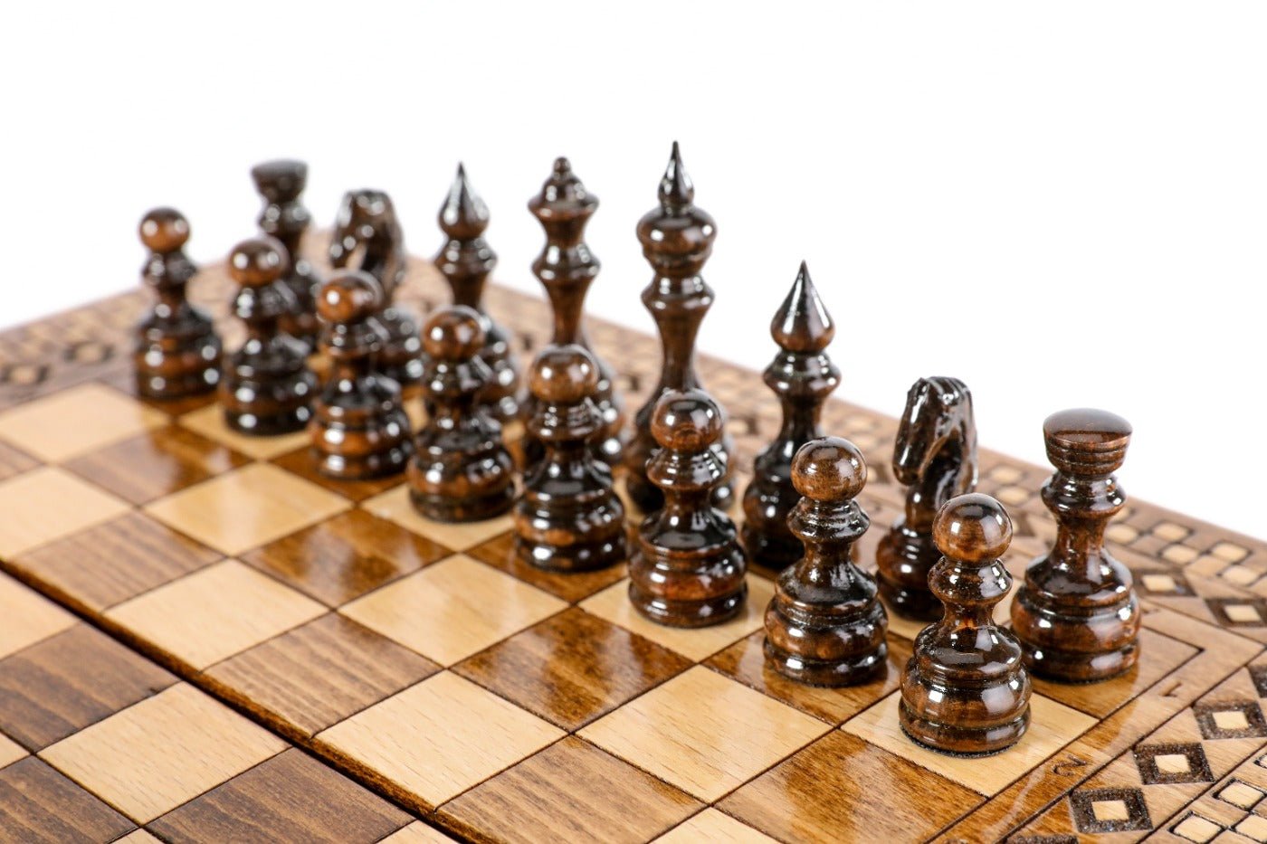 Wooden Carved Chess Set & Backgammon With Carpet Pattern 30 cm | 11.8" - Unumperfectus