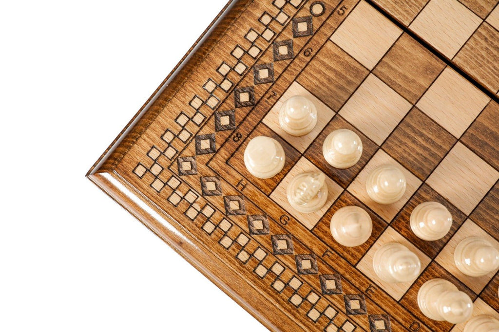 Wooden Carved Chess Set & Backgammon With Carpet Pattern 30 cm | 11.8" - Unumperfectus