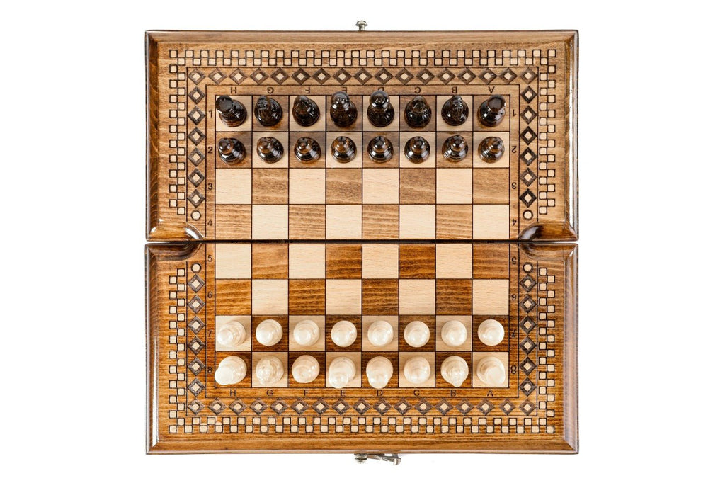 Wooden Carved Chess Set & Backgammon With Carpet Pattern 30 cm | 11.8" - Unumperfectus