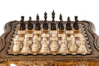 Carved chess and backgammon set - chess pieces set up for play