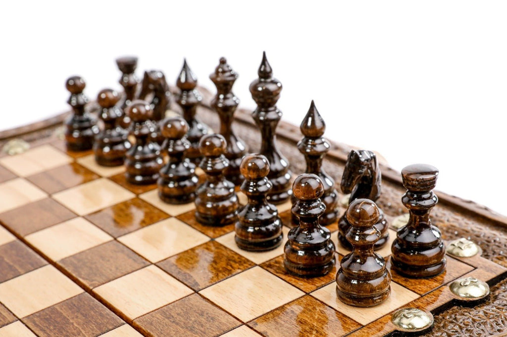 Wooden Carved Chess Set & Backgammon Board 30 cm | 11.8" - Unumperfectus
