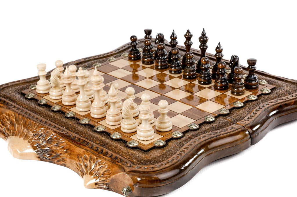 Handcrafted wooden chess set and wooden backgammon Armenian themed design