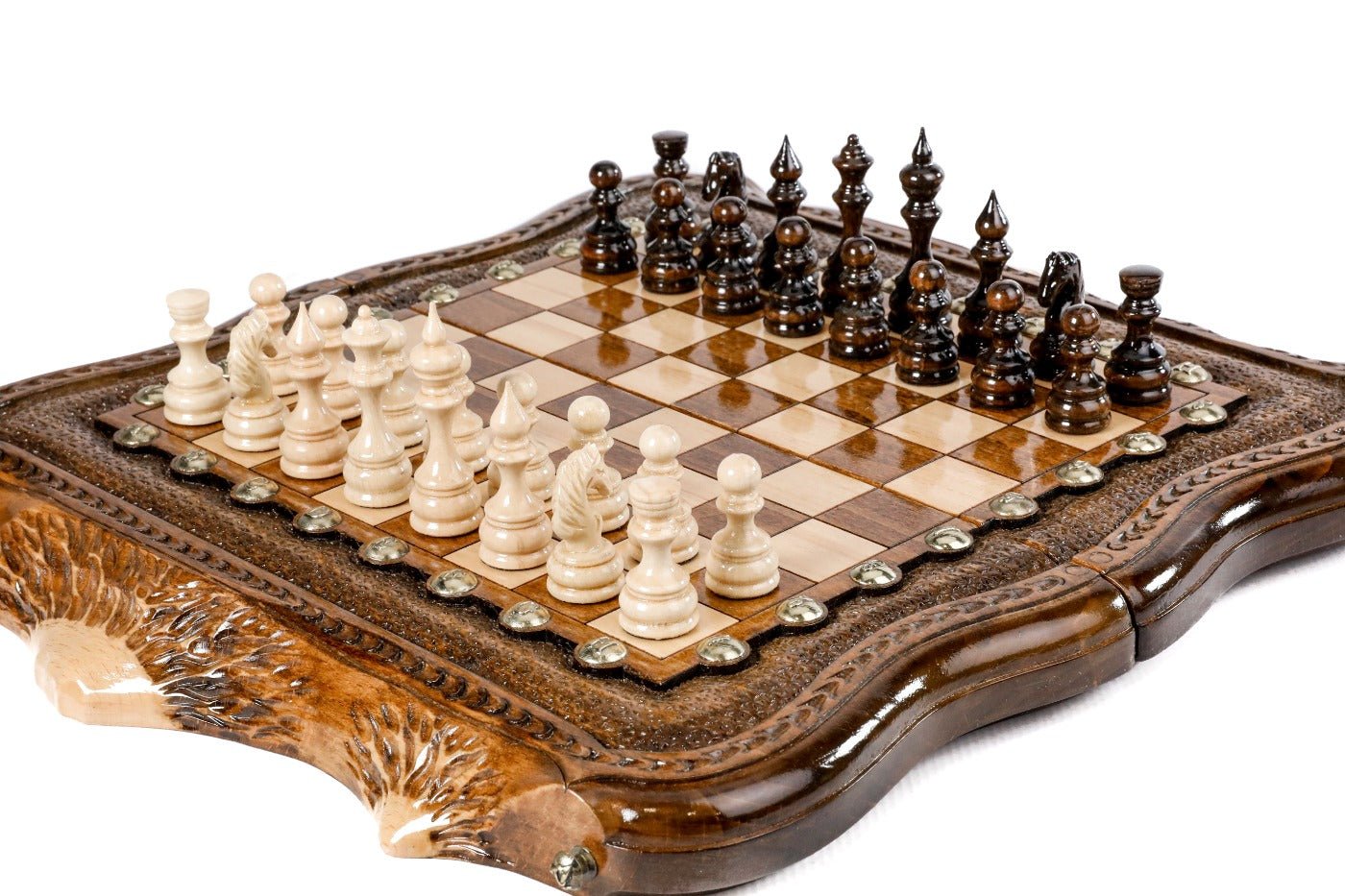 Handcrafted wooden chess set and wooden backgammon Armenian themed design