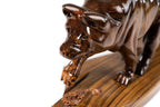 Wooden wolf sculpture — close-up