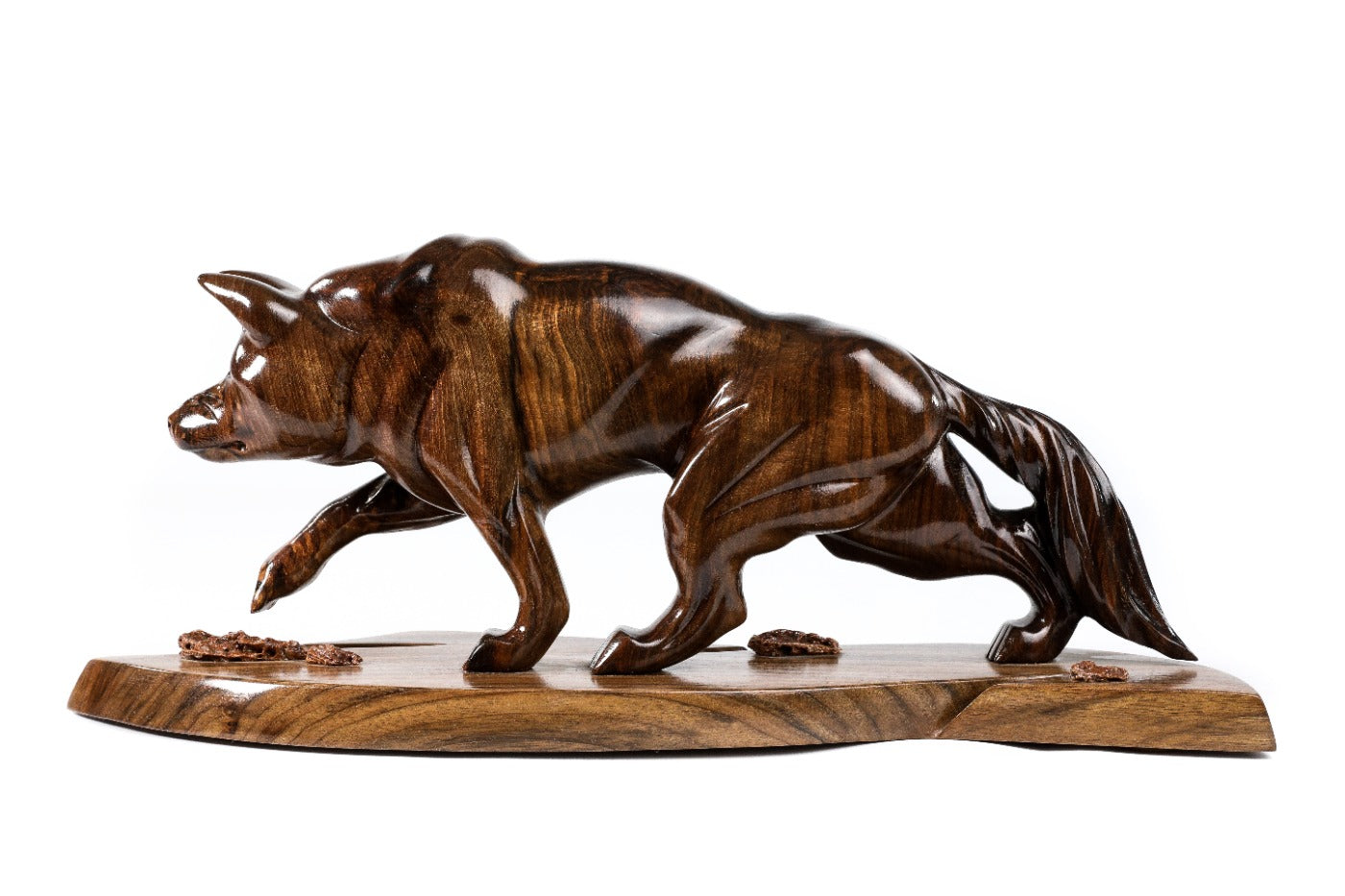 Walnut wolf sculpture — back view