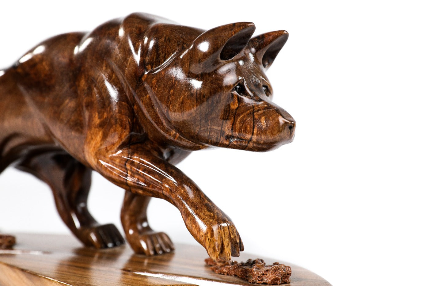 Handmade wooden wolf sculpture — carving detail