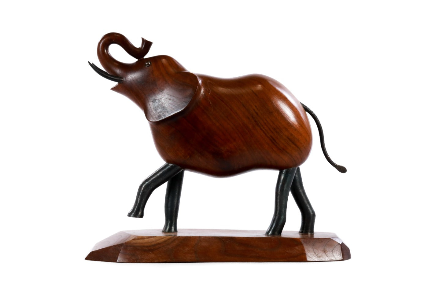 Wooden elephant sculpture, natural apricot grain detail