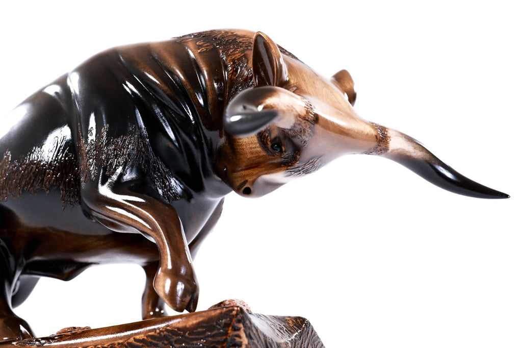 Wooden bull sculpture hand carved from linden wood — detail view