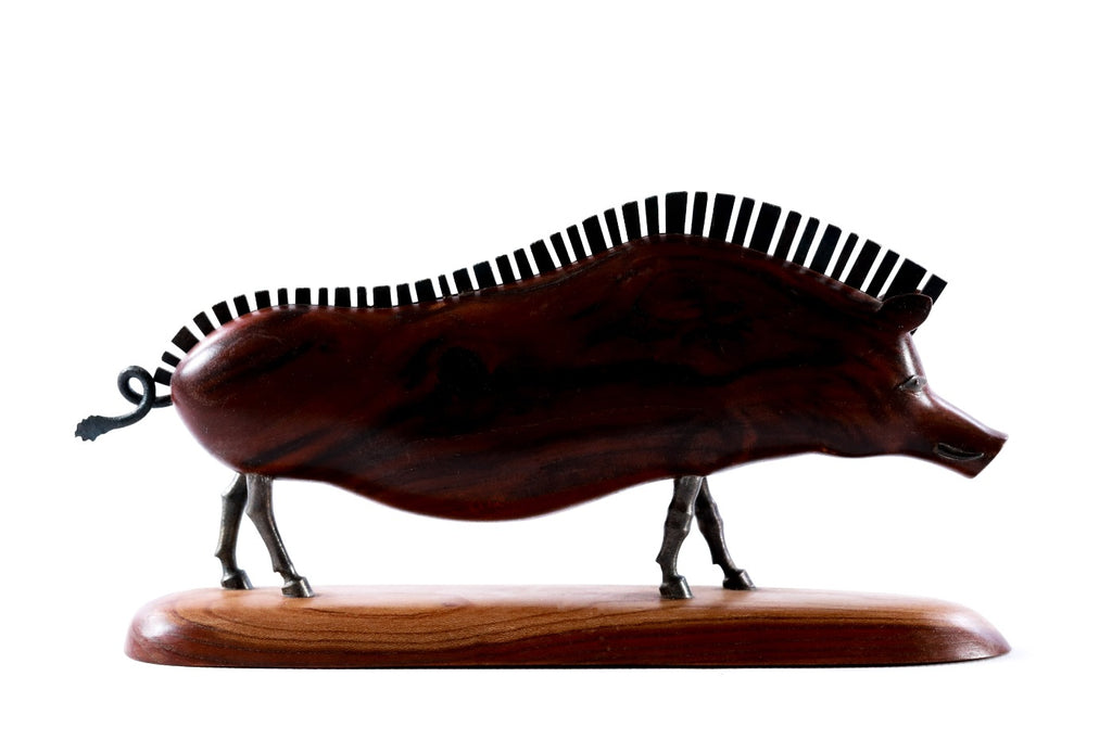 Hand-carved wooden wild boar sculpture, 8.7" / 22 cm — full view