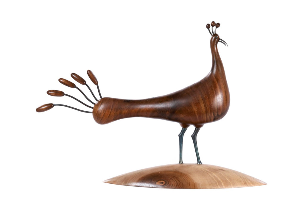 Hand-carved wooden peacock sculpture in apricot wood, 15.4" / 39 cm, by Hrachya Ohanyan