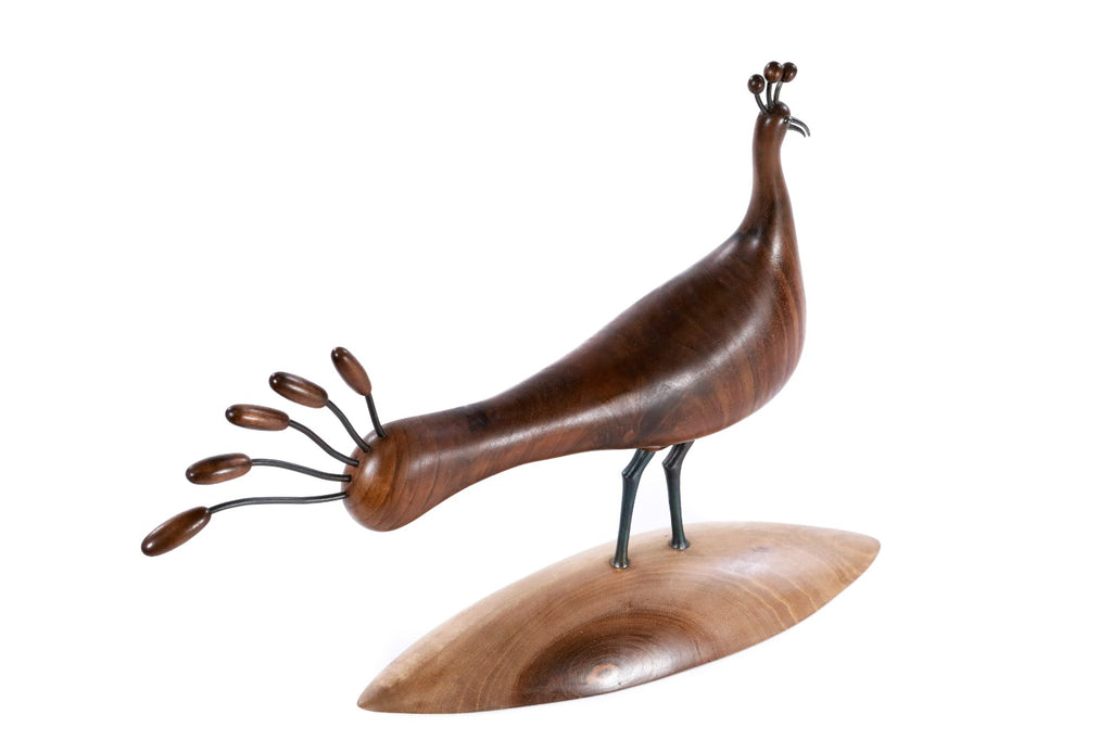 Hand-carved wooden peacock sculpture, 15.4" / 39 cm — full view