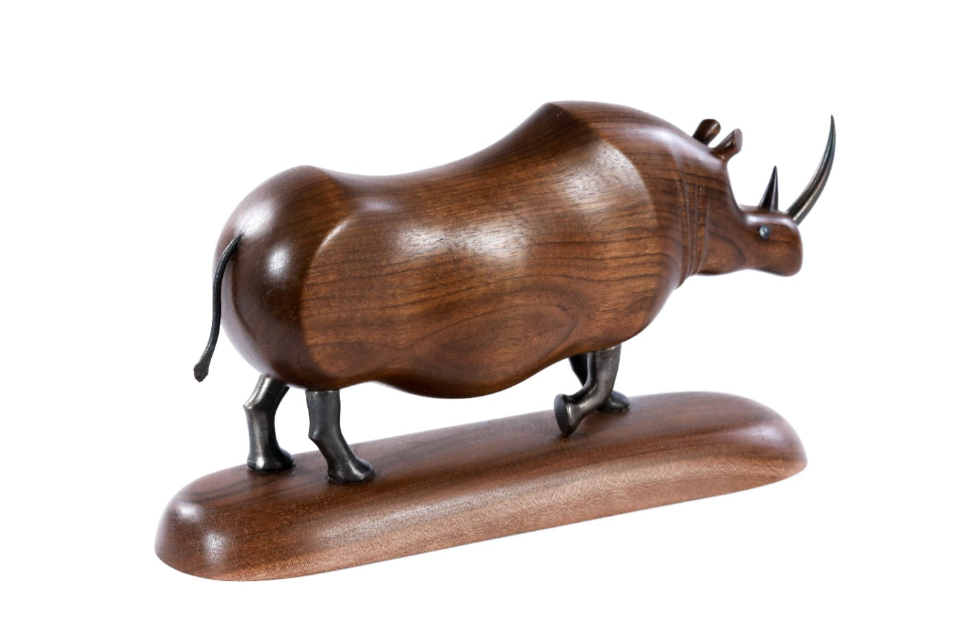 Hand-carved rhinoceros sculpture, reverse side view