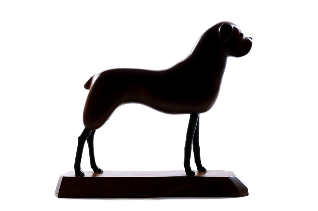 Hand-carved walnut dog sculpture, 9.4" / 24 cm — full view