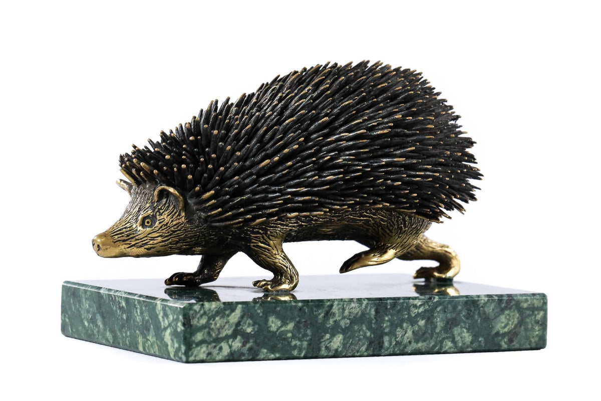 Handmade bronze hedgehog figurine — close-up