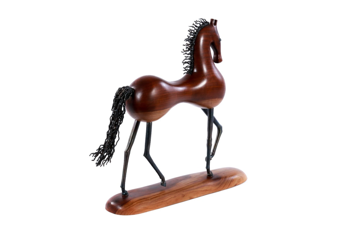 Wooden horse sculpture, natural apricot grain detail