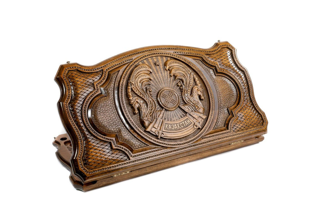 Closed Kazakhstan Coat of Arms backgammon board with copyrighted contour outline.