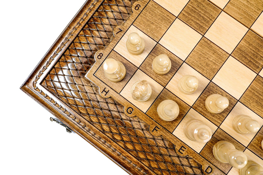 Close view of the carved lattice ornament, coordinates and light chess pieces