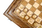 Close view of the carved lattice ornament, coordinates and light chess pieces