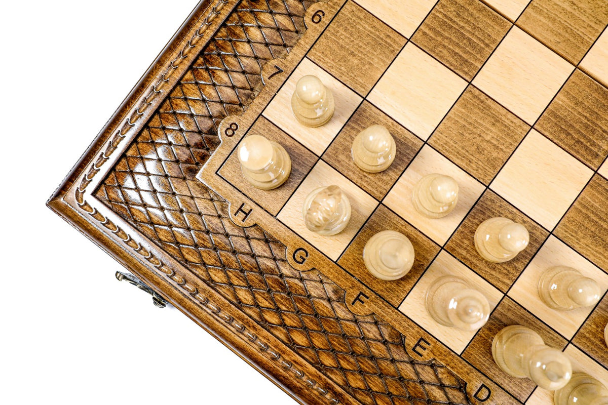 Close view of the carved lattice ornament, coordinates and light chess pieces