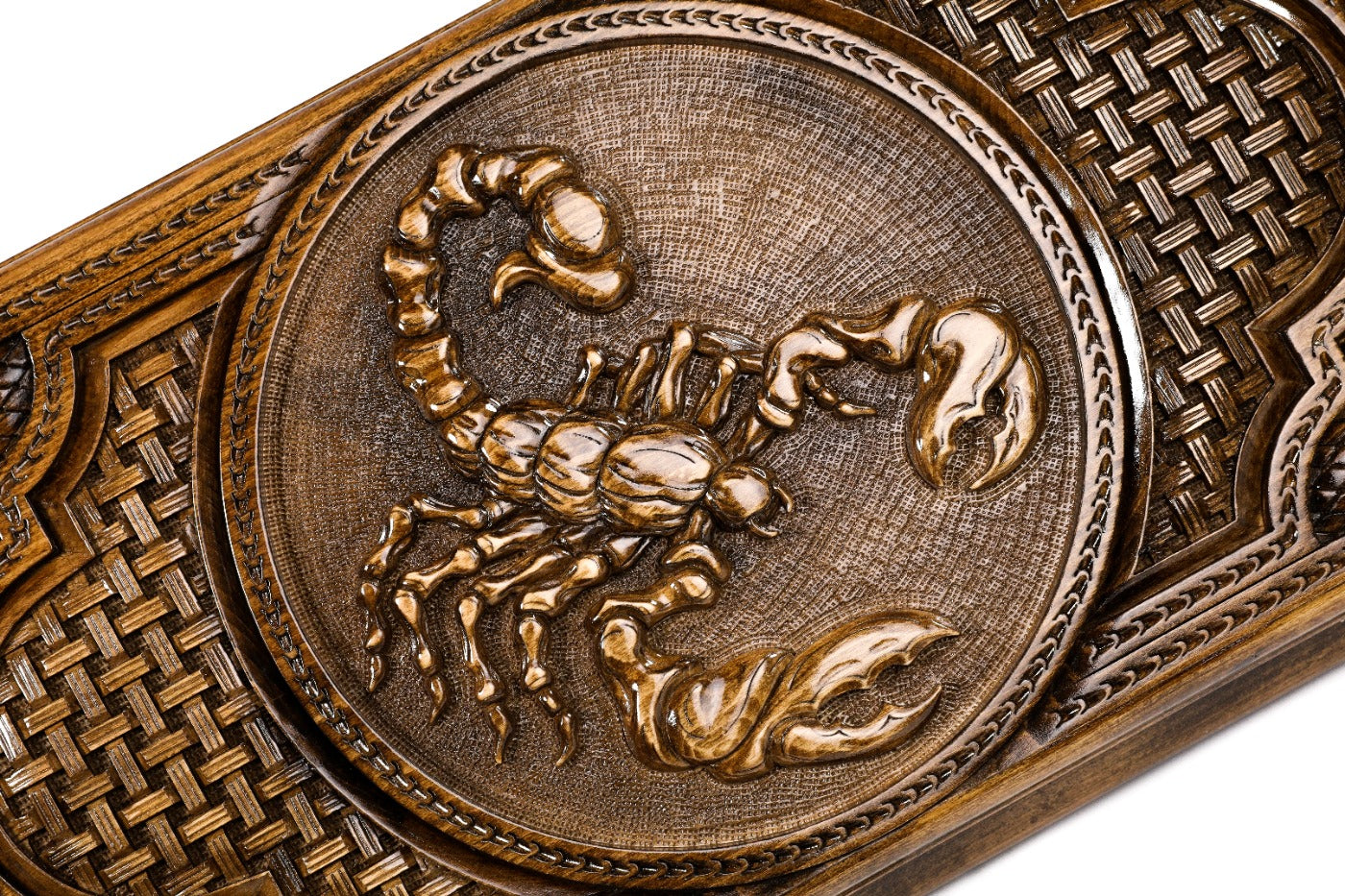 The interior of the open Scorpio backgammon set highlighting the rich natural wood grain and professional playing surface.