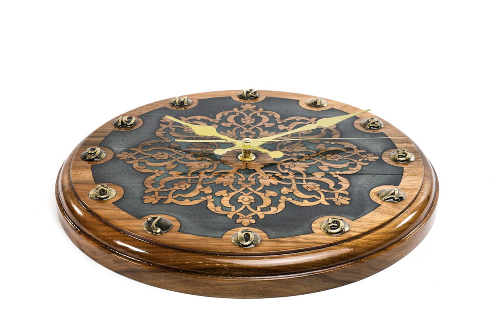 Uzbek ornament walnut wall clock, second view, by Hrachya Ohanyan