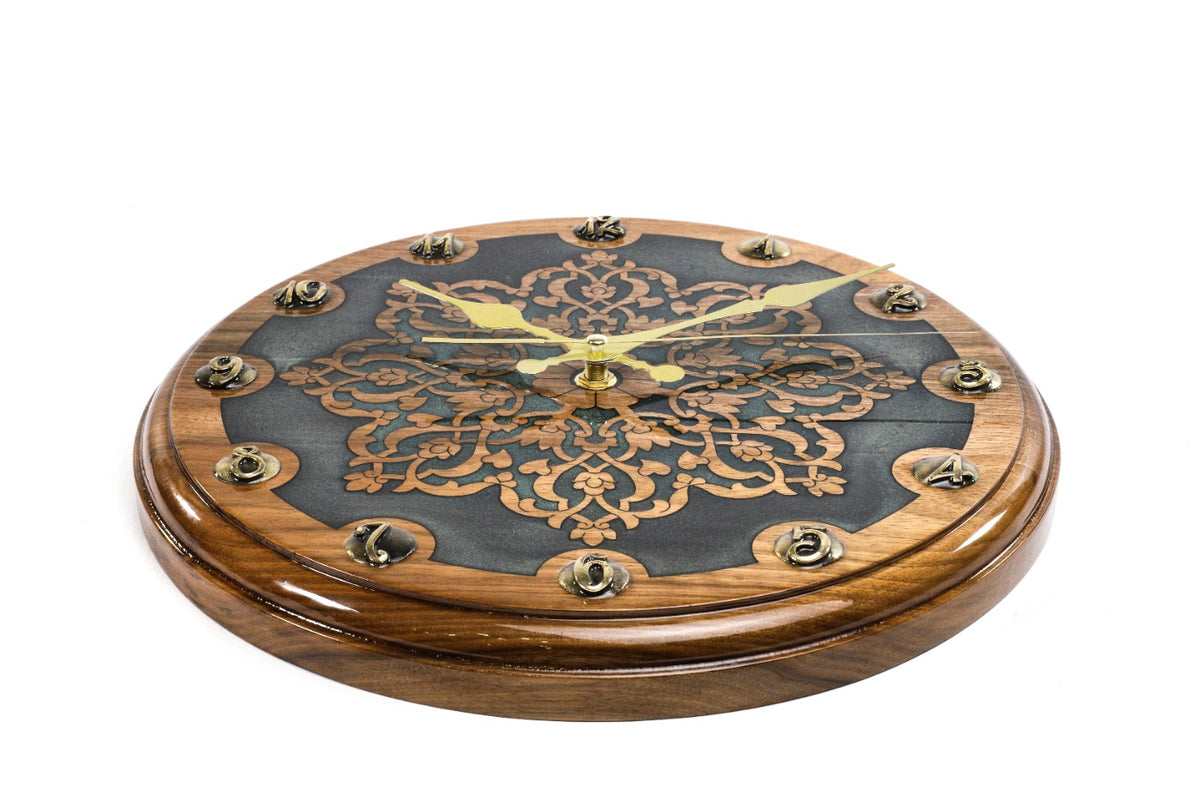 Uzbek ornament walnut wall clock, second view, by Hrachya Ohanyan