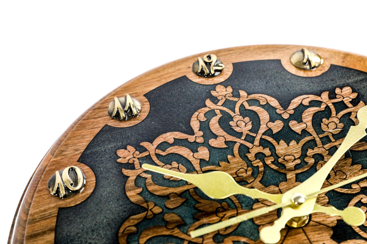 Uzbek ornament walnut wall clock, view 7, by Hrachya Ohanyan