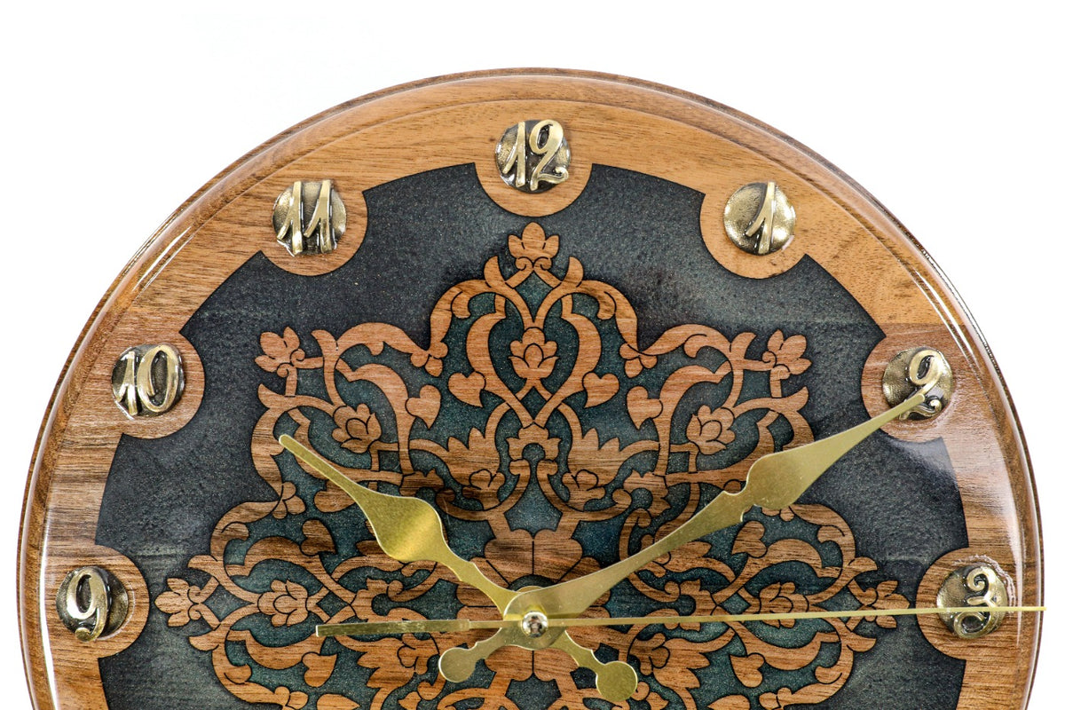 Uzbek ornament walnut wall clock, detail view, by Hrachya Ohanyan