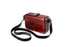 Handmade rectangular wooden handbag in burgundy with leather strap, 6.7" / 17 cm, by Hrachya Ohanyan