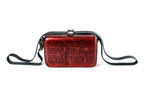 Burgundy wooden bag with leather strap — side view