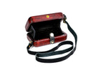 Rectangular wooden handbag in burgundy — detail view