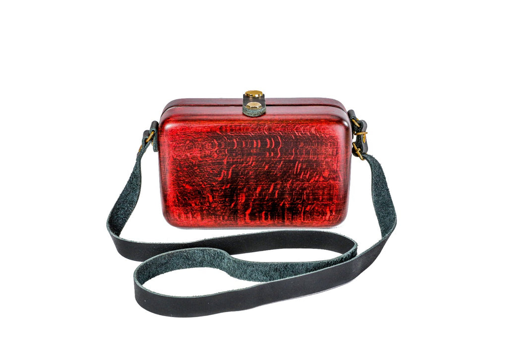 Rectangular wooden handbag in burgundy, 6.7" / 17 cm — full view