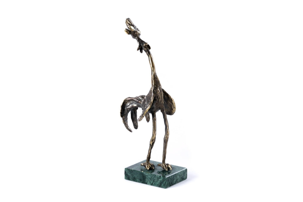 Bronze rooster sculpture — detail view