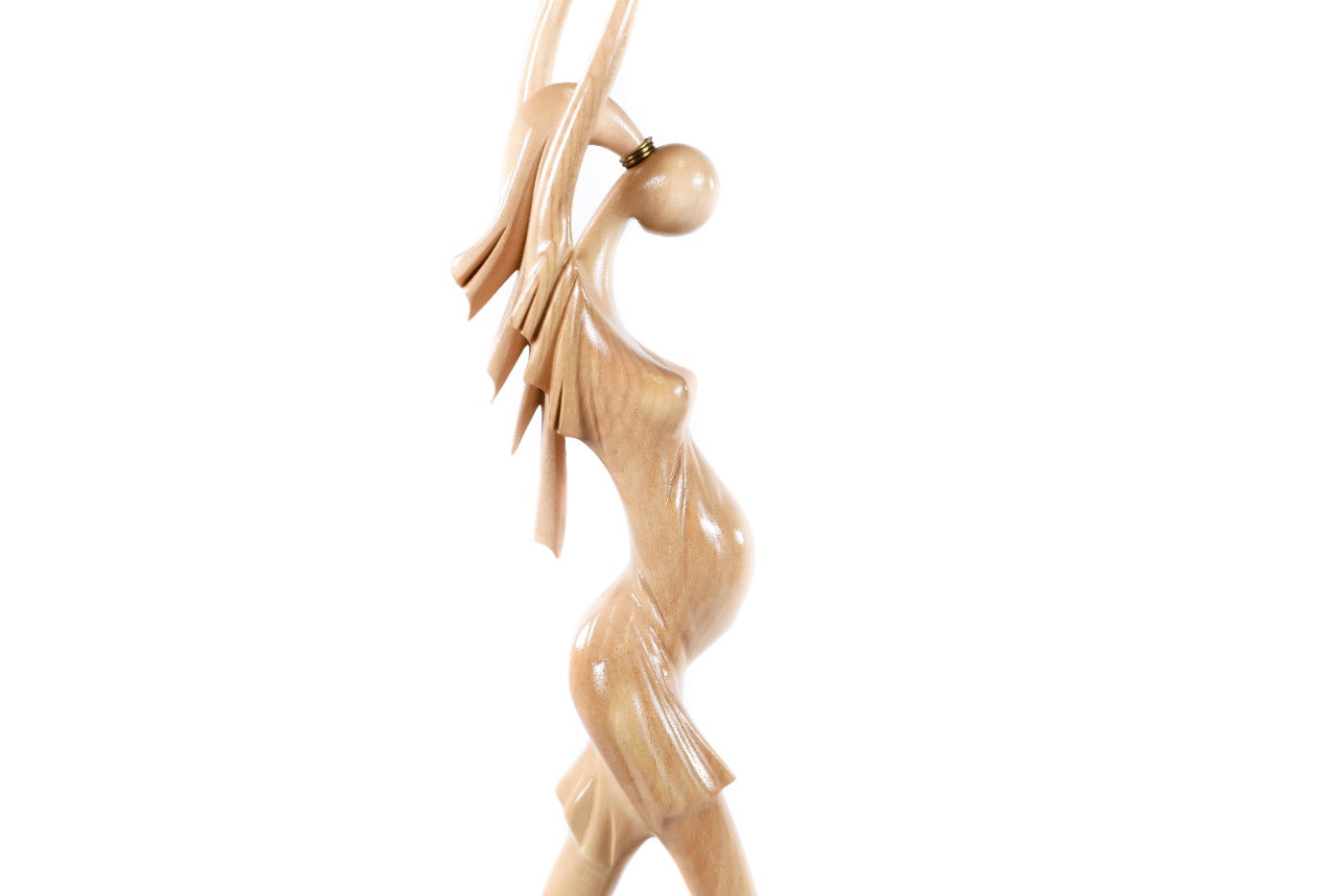 Pregnant woman sculpture in carved wood — side view