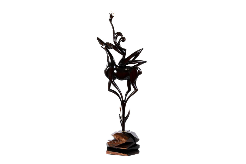 Hand-carved wooden Girl with Antelope sculpture, 28.7" / 73 cm, by Hrachya Ohanyan