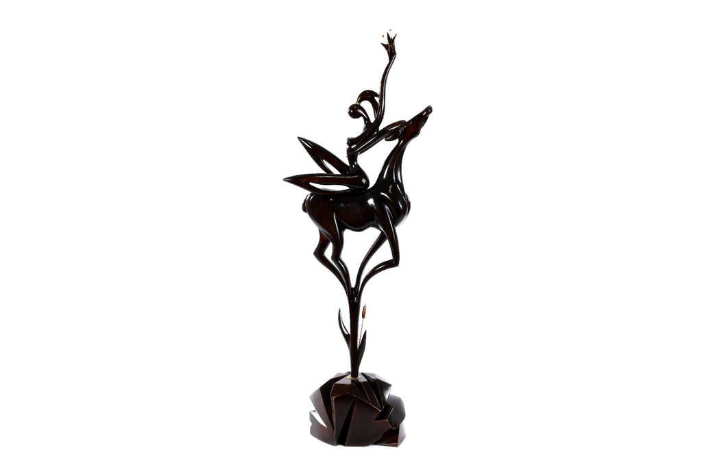Girl with Antelope sculpture hand carved by Hrachya Ohanyan — angle view