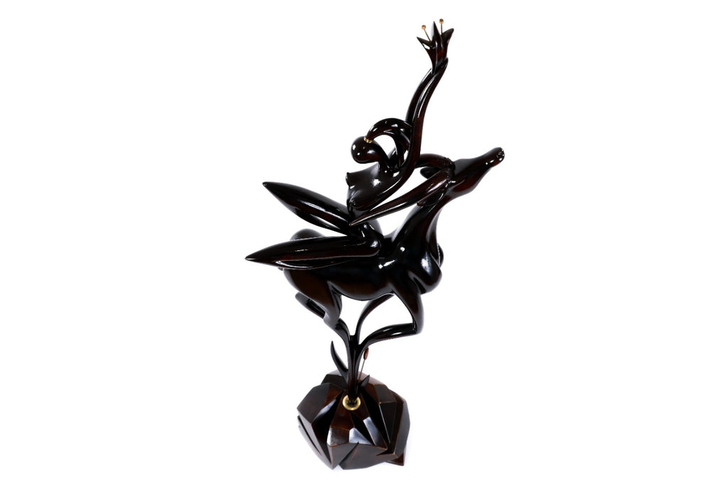 Wooden Girl with Antelope sculpture, natural linden grain detail